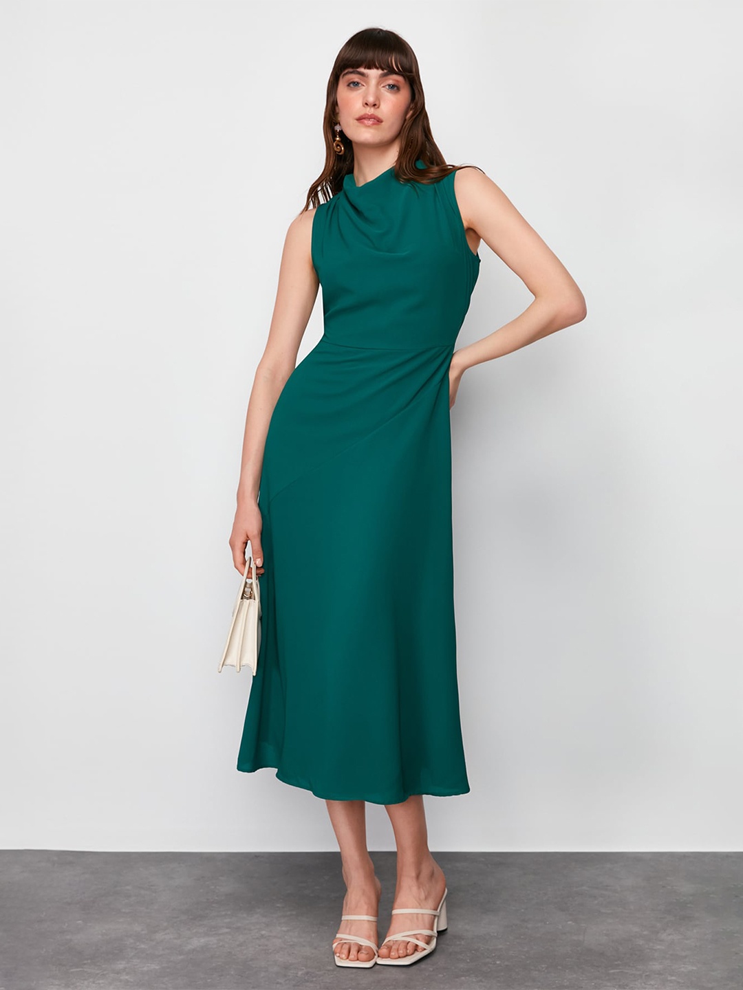 

Trendyol Women Cowl Neck Sleeveless A-Line Midi Dress, Green