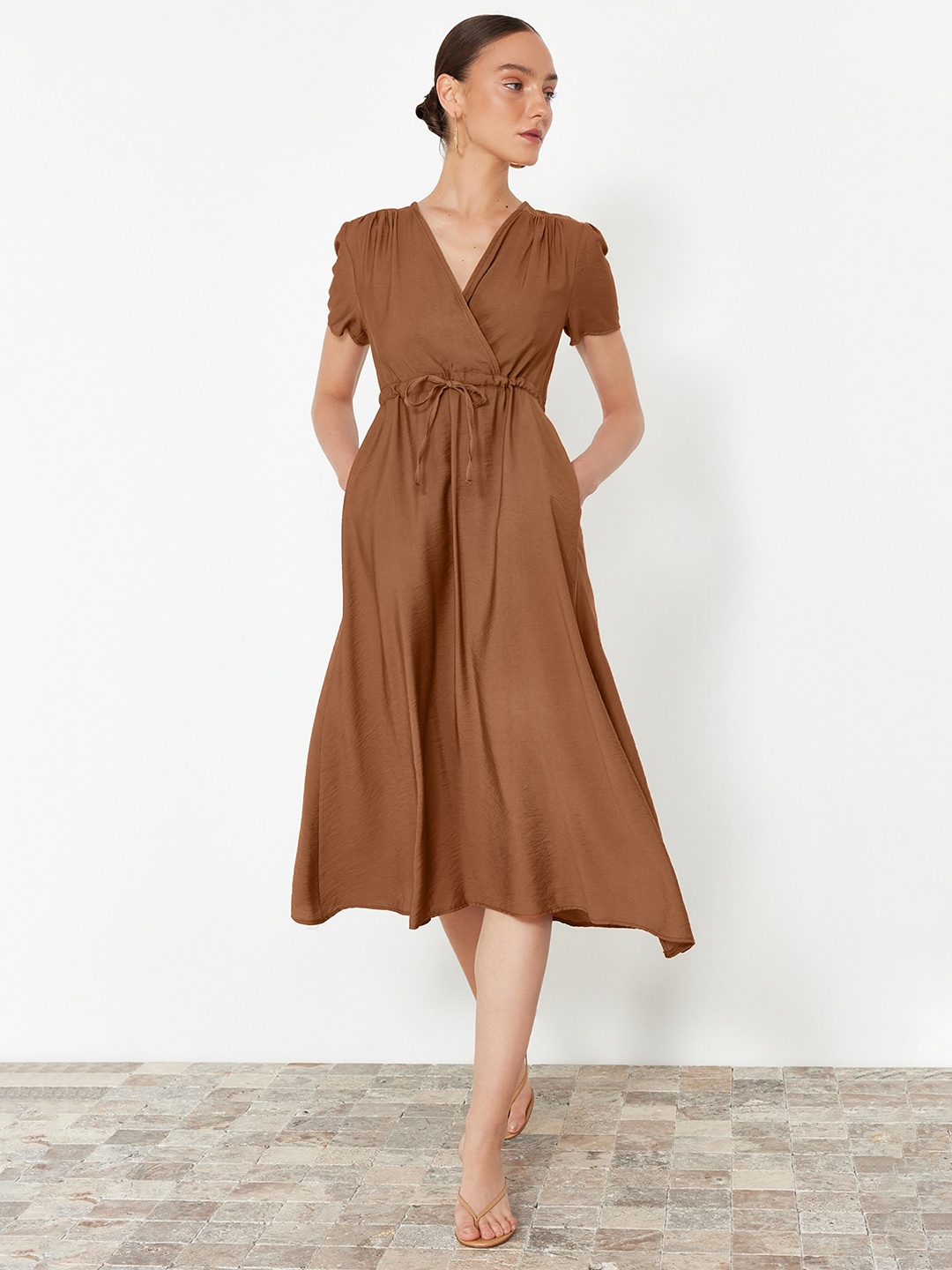 

Trendyol Puff Sleeve Wrap Midi Dress, Brown