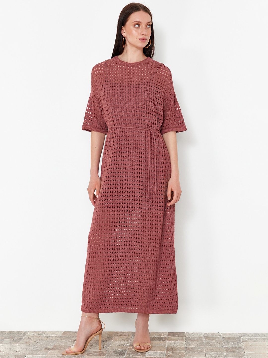 

Trendyol Self Design Semi Sheer Cotton Maxi Dress, Brown