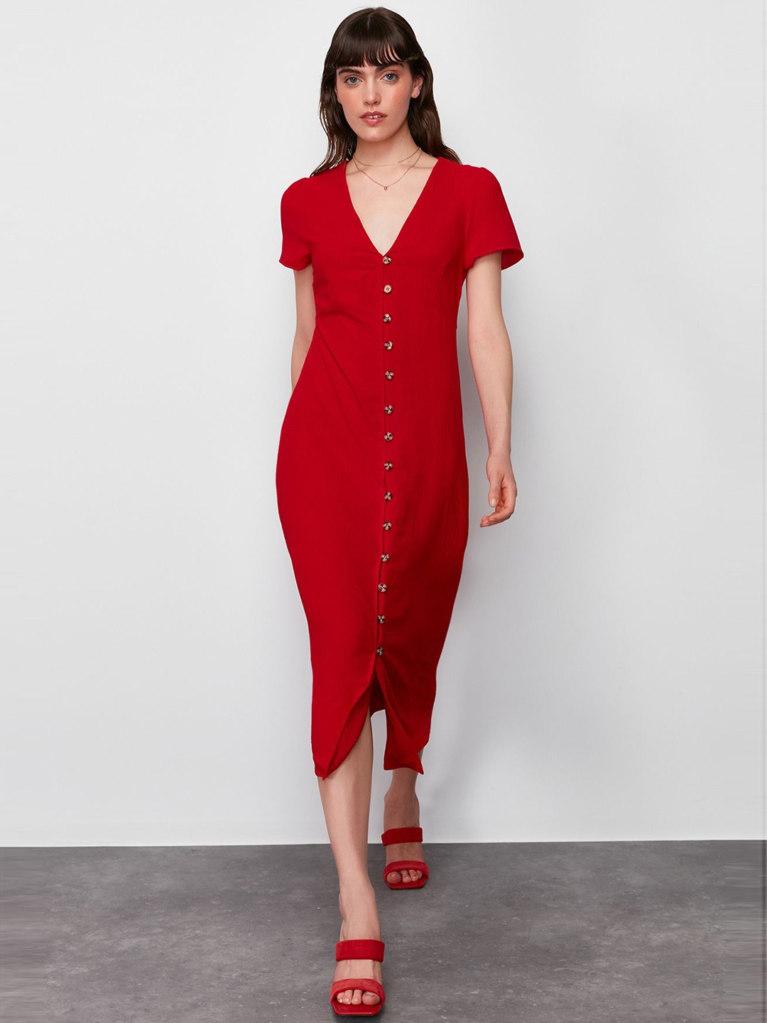 

Trendyol V-Neck Sheath Midi Dress, Red