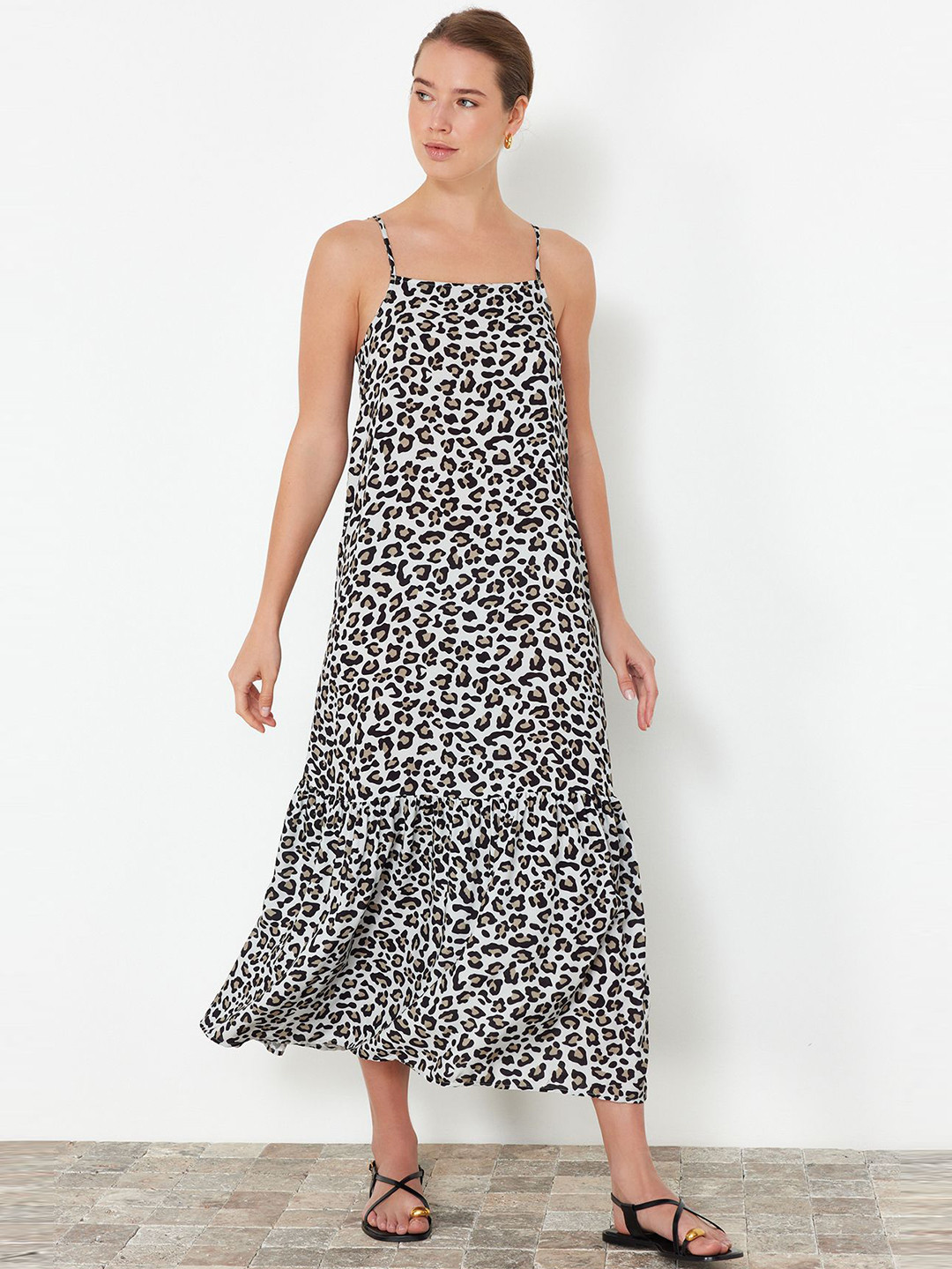 

Trendyol Animal Printed Shoulder Straps A-Line Midi Dress, White