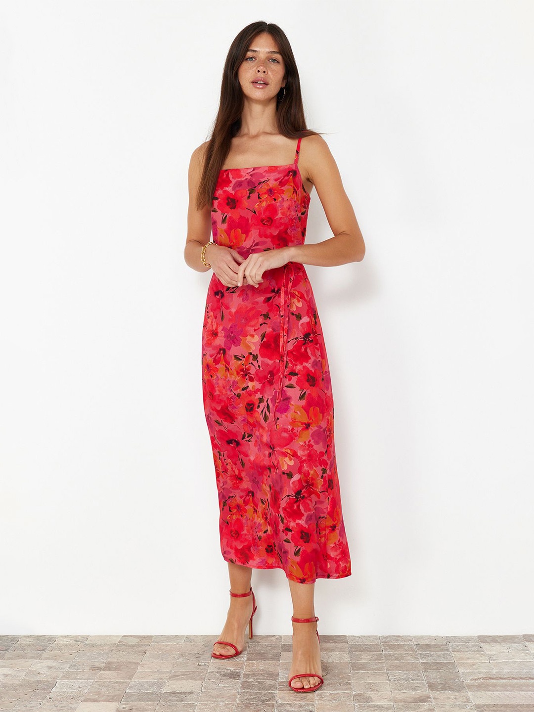 

Trendyol Floral Printed Shoulder Straps Fit & Flare Midi Dress, Red