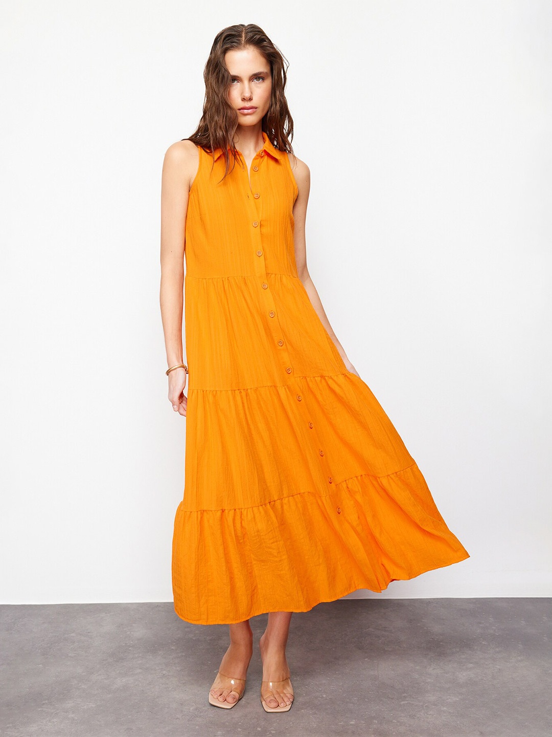 

Trendyol Shirt Collar Sleeveless A-Line Maxi Dress, Orange