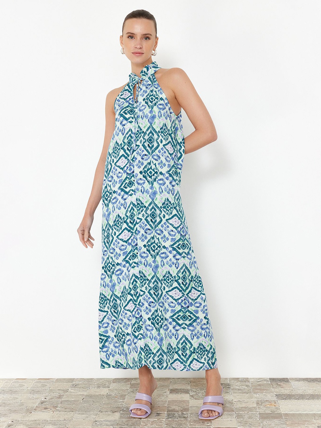 

Trendyol Women Ethnic Motifs Printed Halter Neck Maxi A-Line Dress, Blue