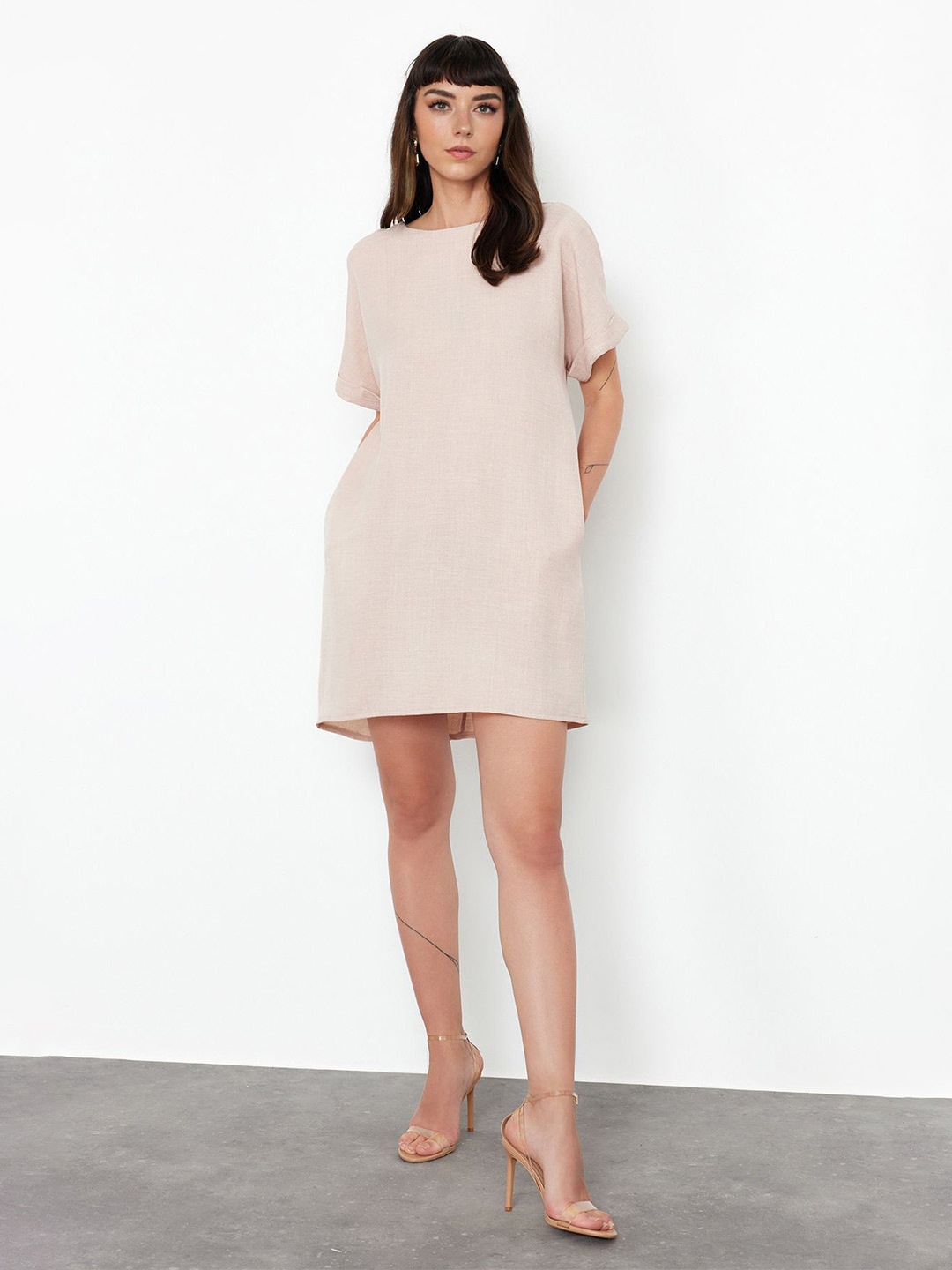 

Trendyol Round Neck A-Line Midi Dress, Beige