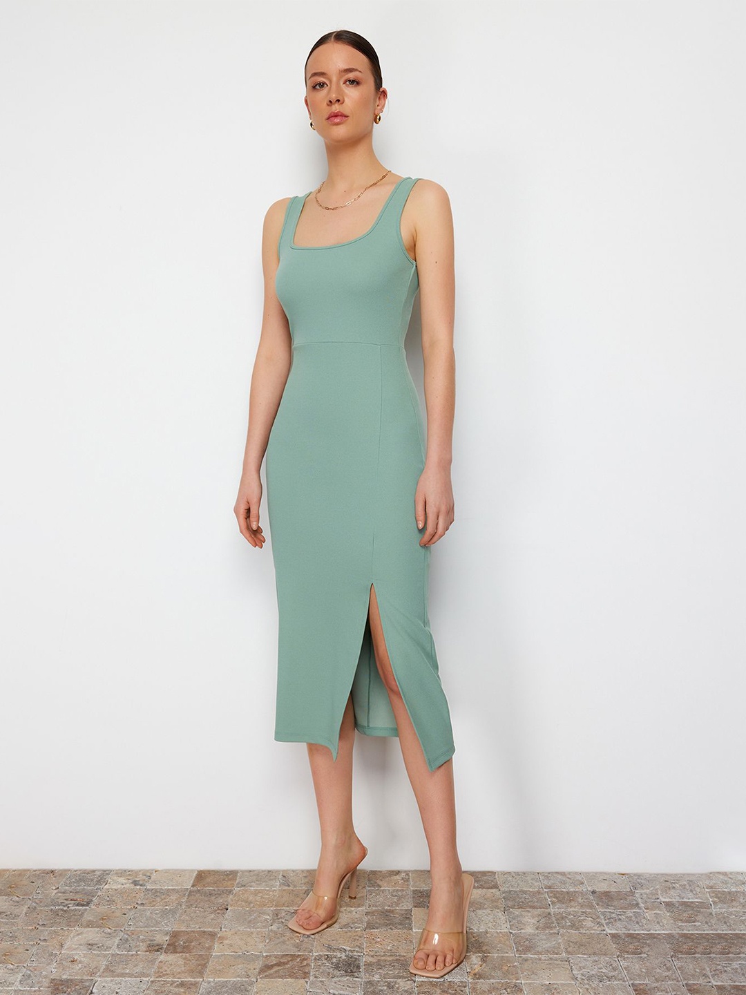 

Trendyol Shoulder Straps Sheath Midi Dress, Green