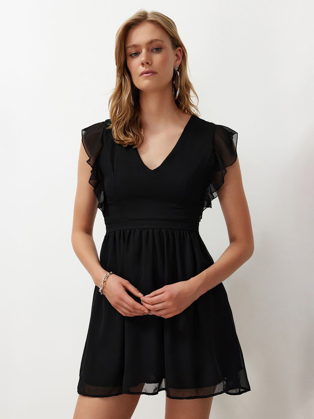 

Trendyol V-Neck Flutter Sleeve Fit & Flare Mini Dress, Black