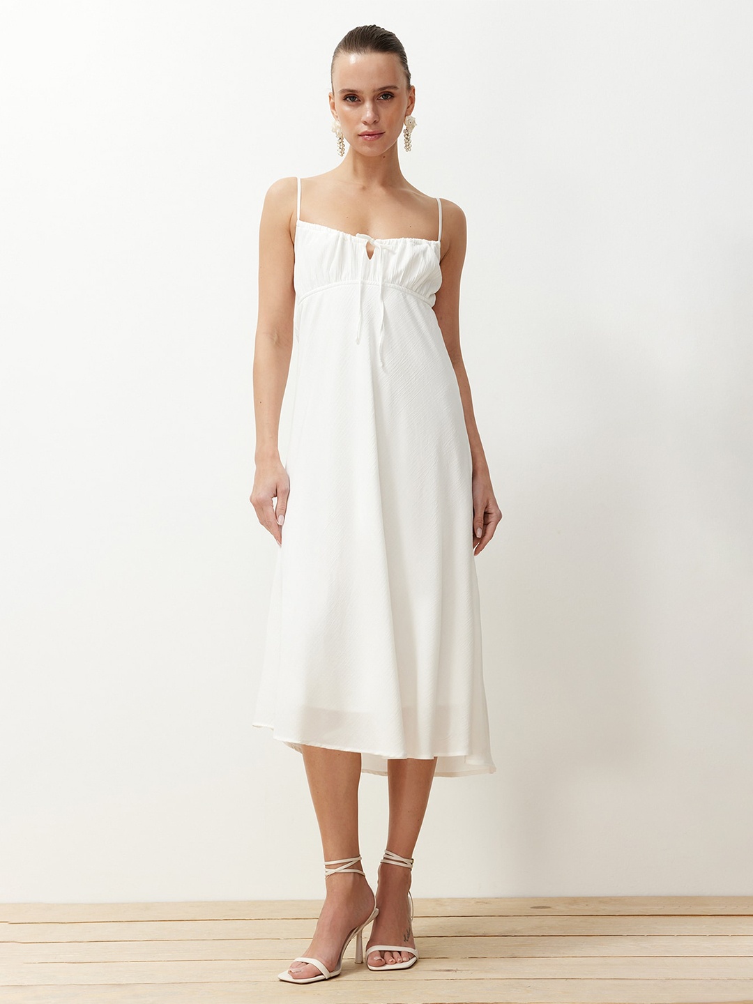 

Trendyol Women Shoulder Straps Tie-Ups A-Line Midi Dress, White