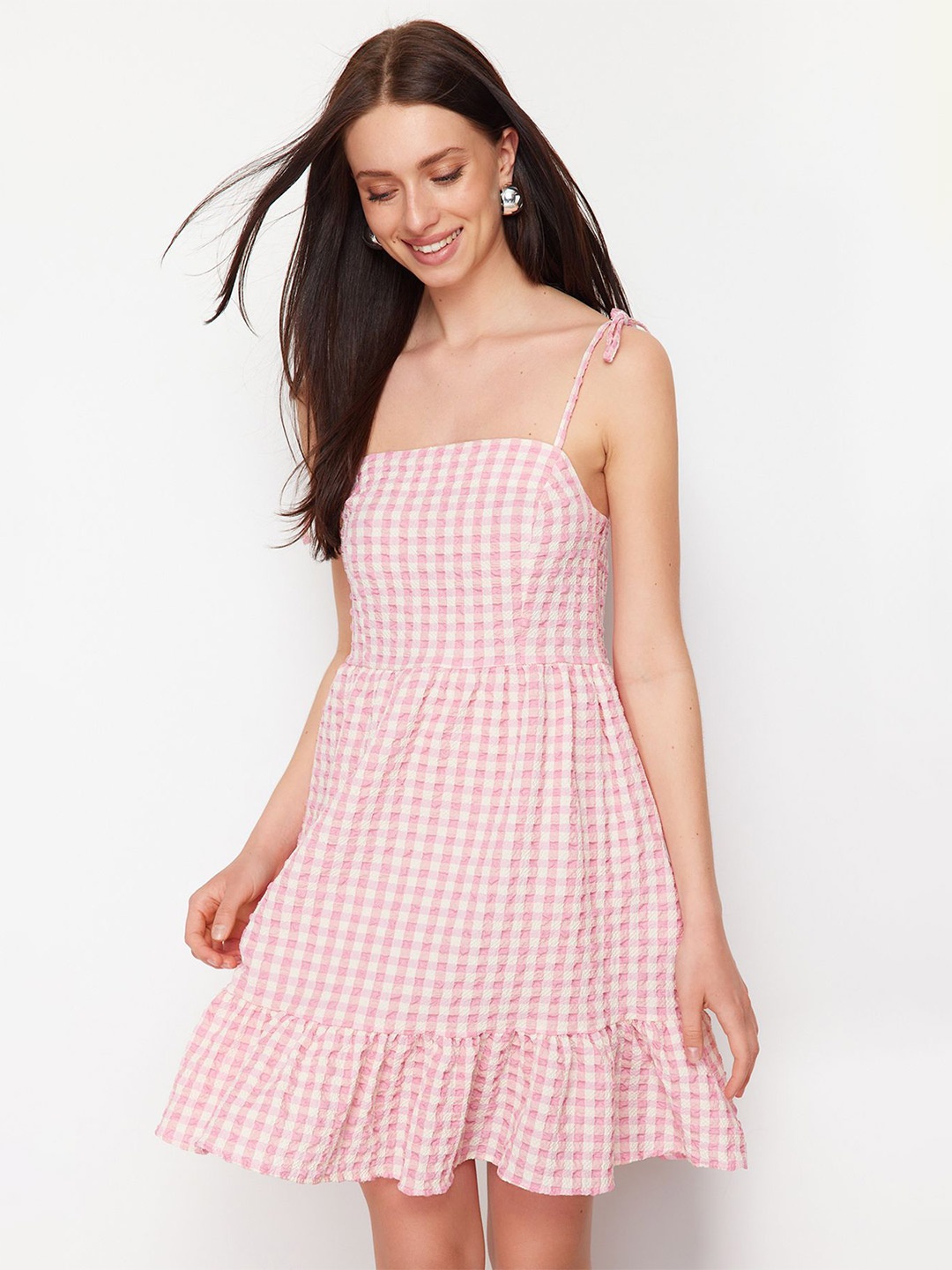 

Trendyol Checked Shoulder Straps Fit & Flare Mini Dress, Pink