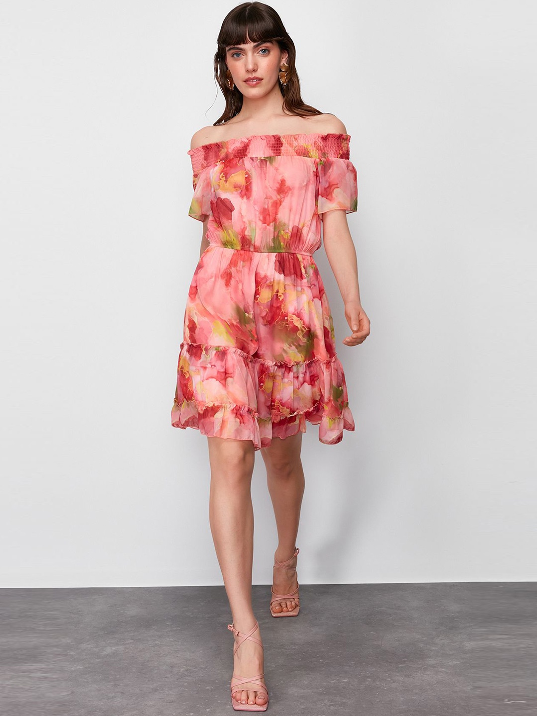 

Trendyol Floral Print Off-Shoulder Puff Sleeve Fit & Flare Dress, Na