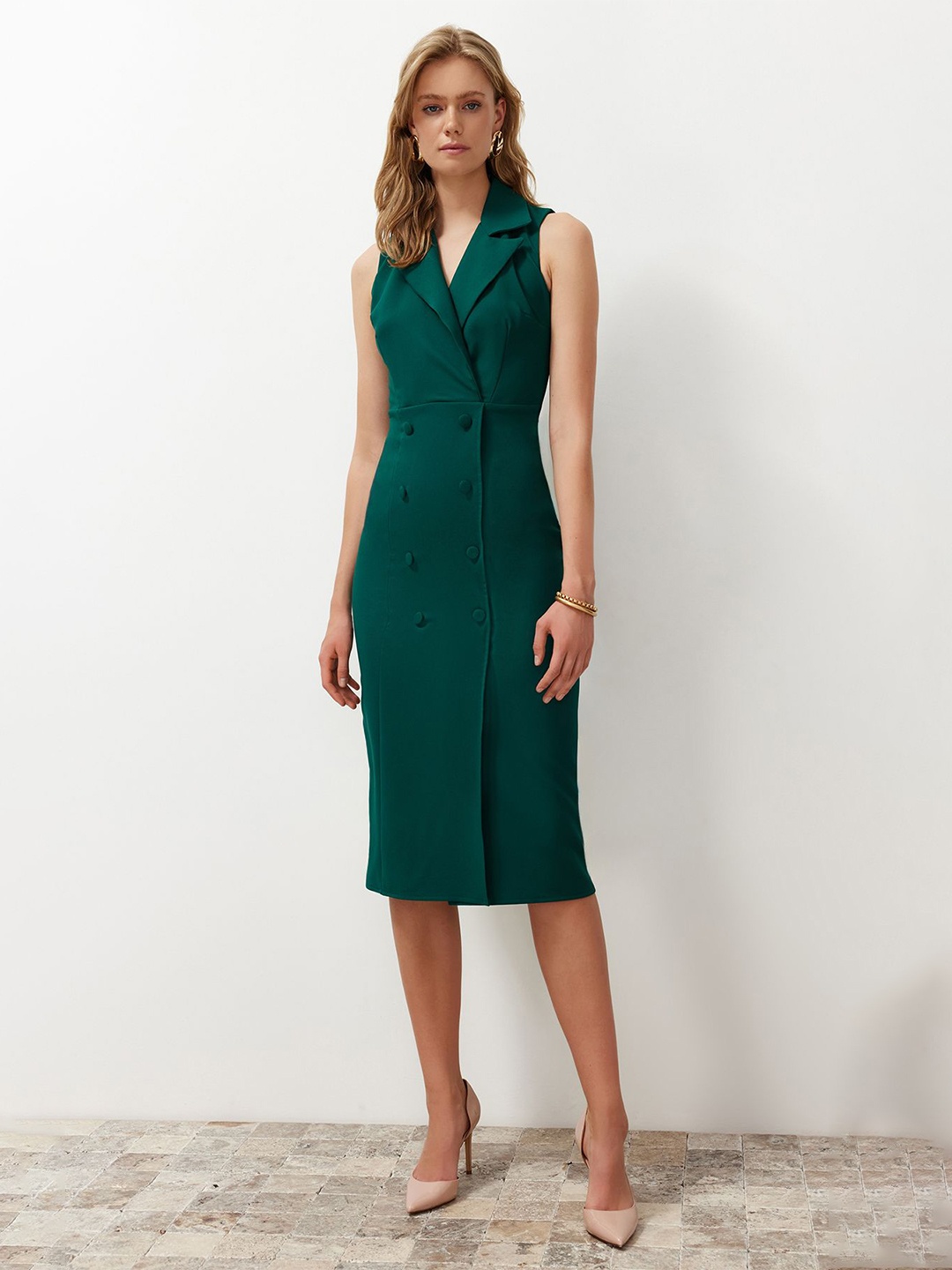 

Trendyol Shirt Collar Sleeveless Sheath Dress, Green