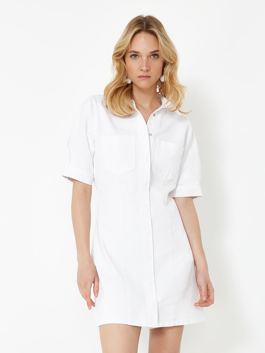 

Trendyol Short Sleeves Pure Cotton Shirt Style Mini Dress, White