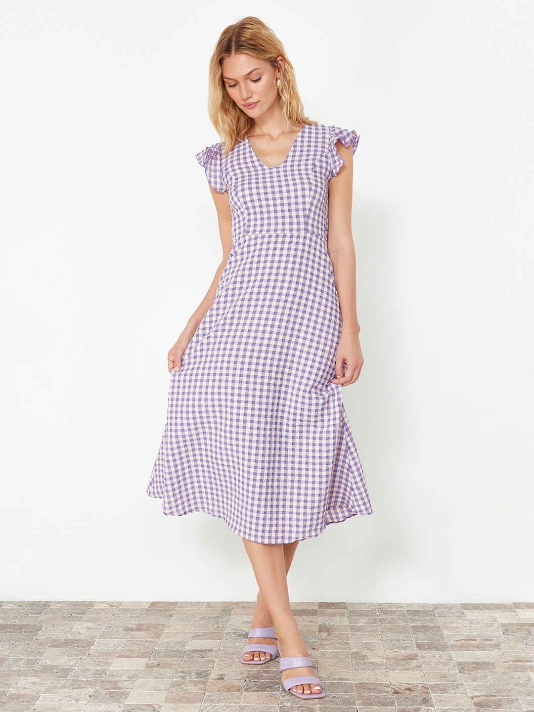 

Trendyol Self Design Checked Flutter Sleeve Fit & Flare Midi Dress, Purple