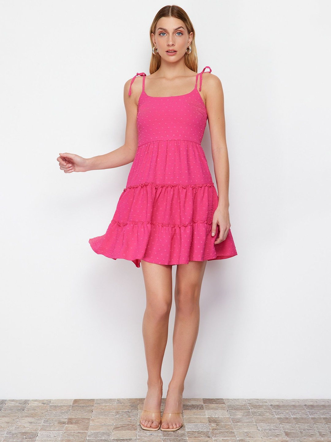 

Trendyol Self Design Shoulder Straps Smocked Tiered Fit & Flare Dress, Pink