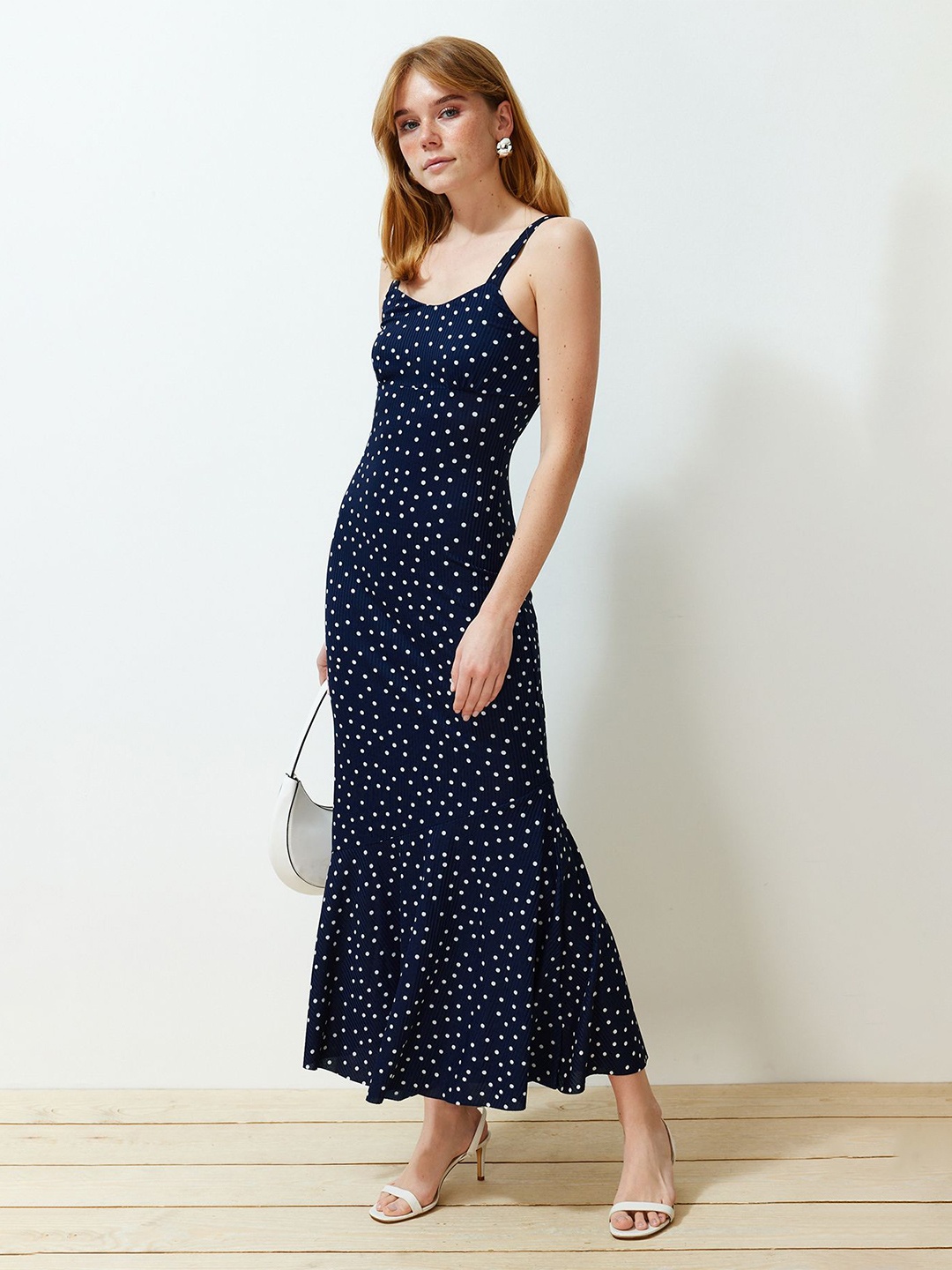 

Trendyol Polka Dot Printed Shoulder Straps Sheath Maxi Dress, Blue