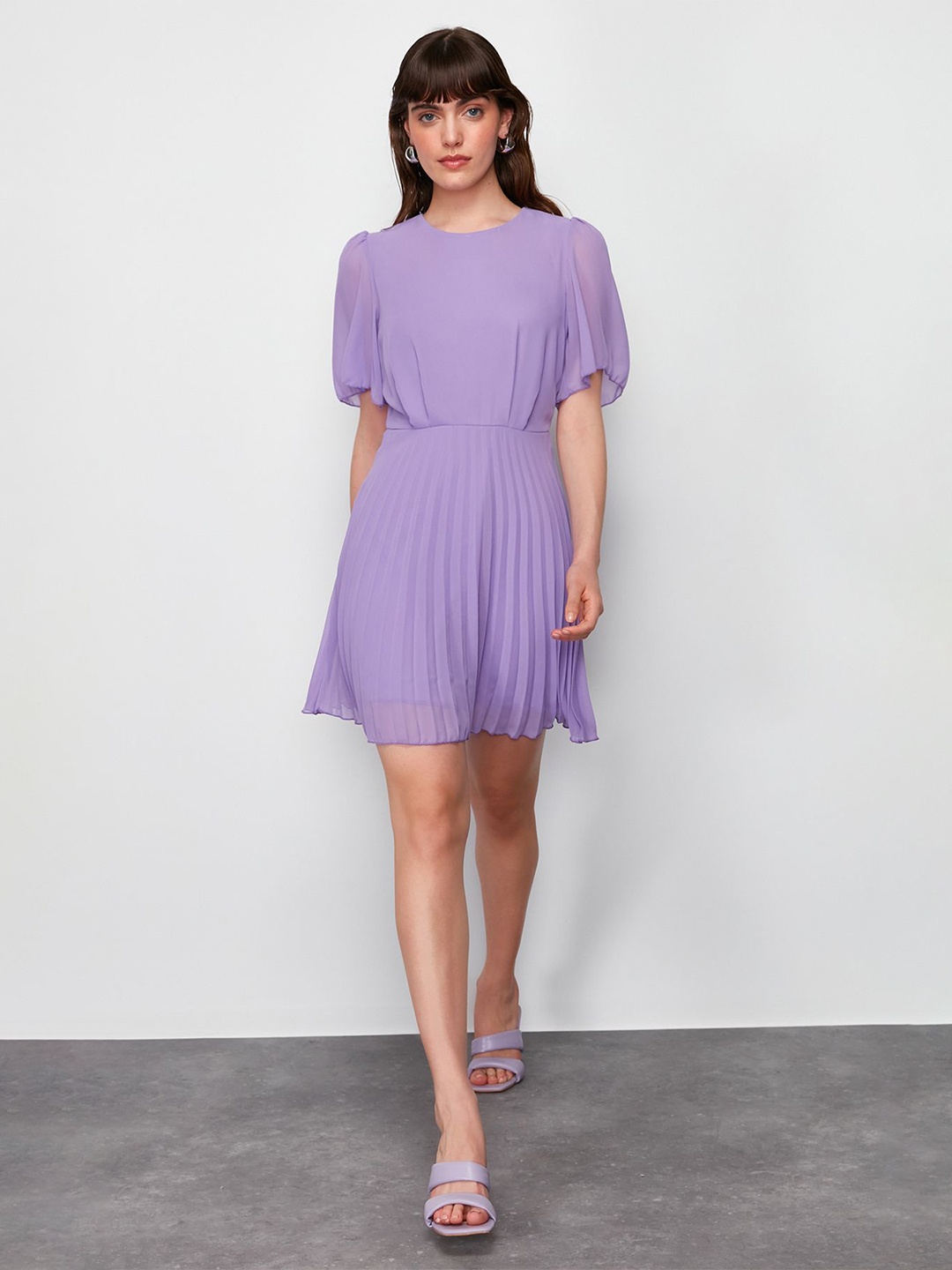 

Trendyol Round Neck Puff Sleeve Fit & Flare Dress, Purple