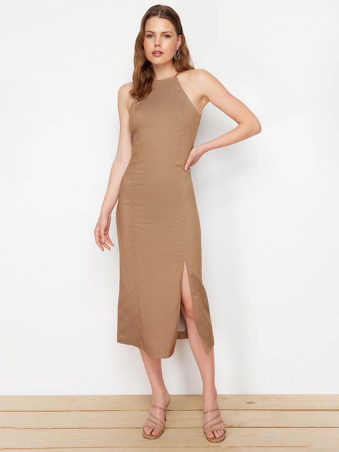 

Trendyol Halter Neck Midi Sheath Dress, Brown