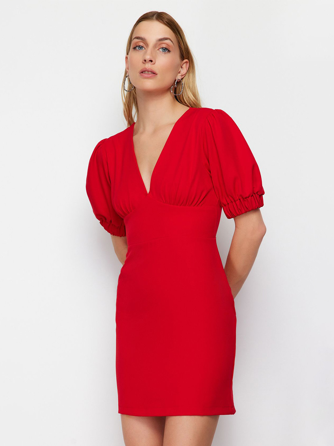 

Trendyol V Neck Puff Sleeve Sheath Mini Dress, Red