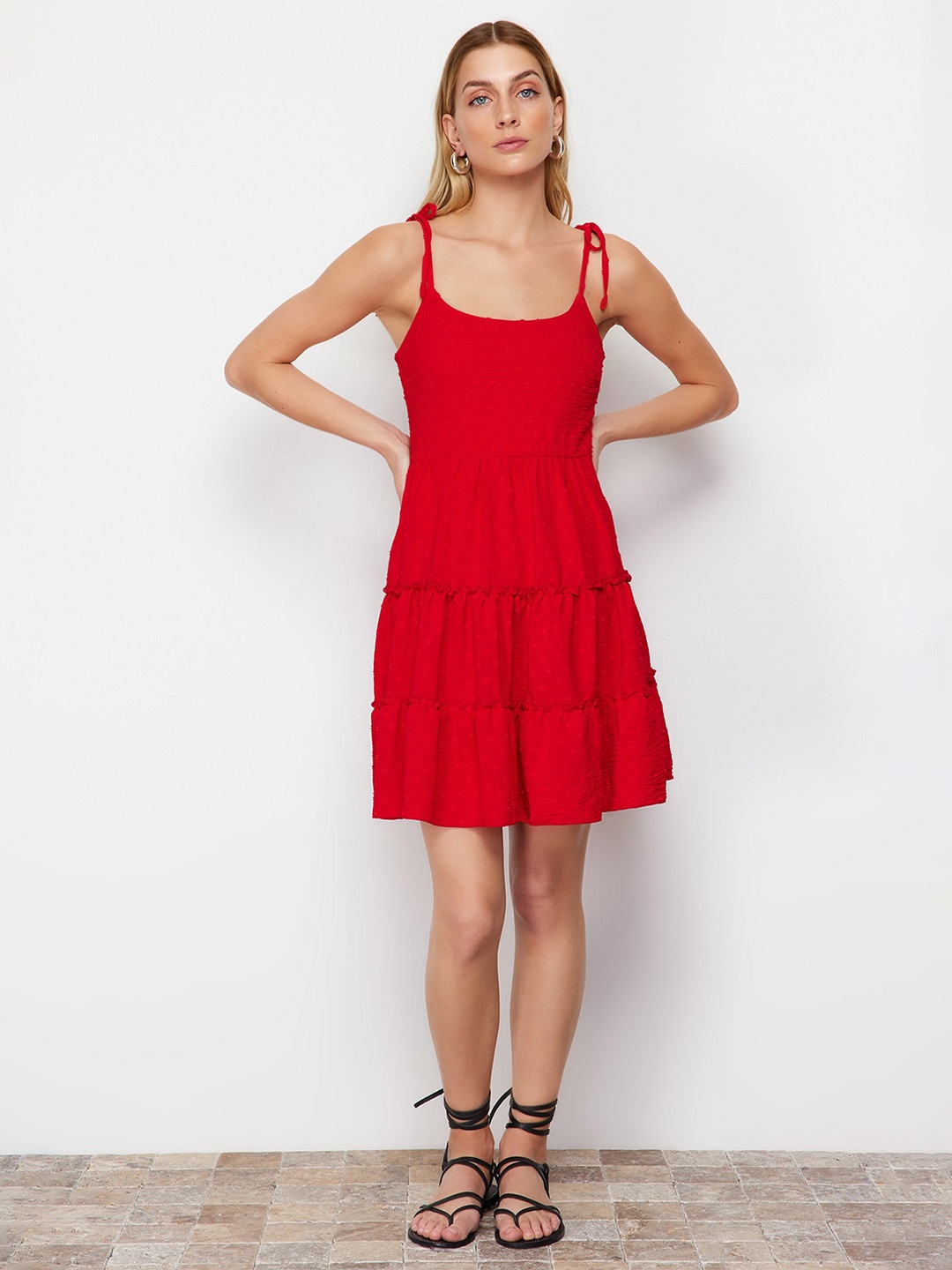 

Trendyol Women Shoulder Straps Gathered Smocked Fit & Flare Dress, Red