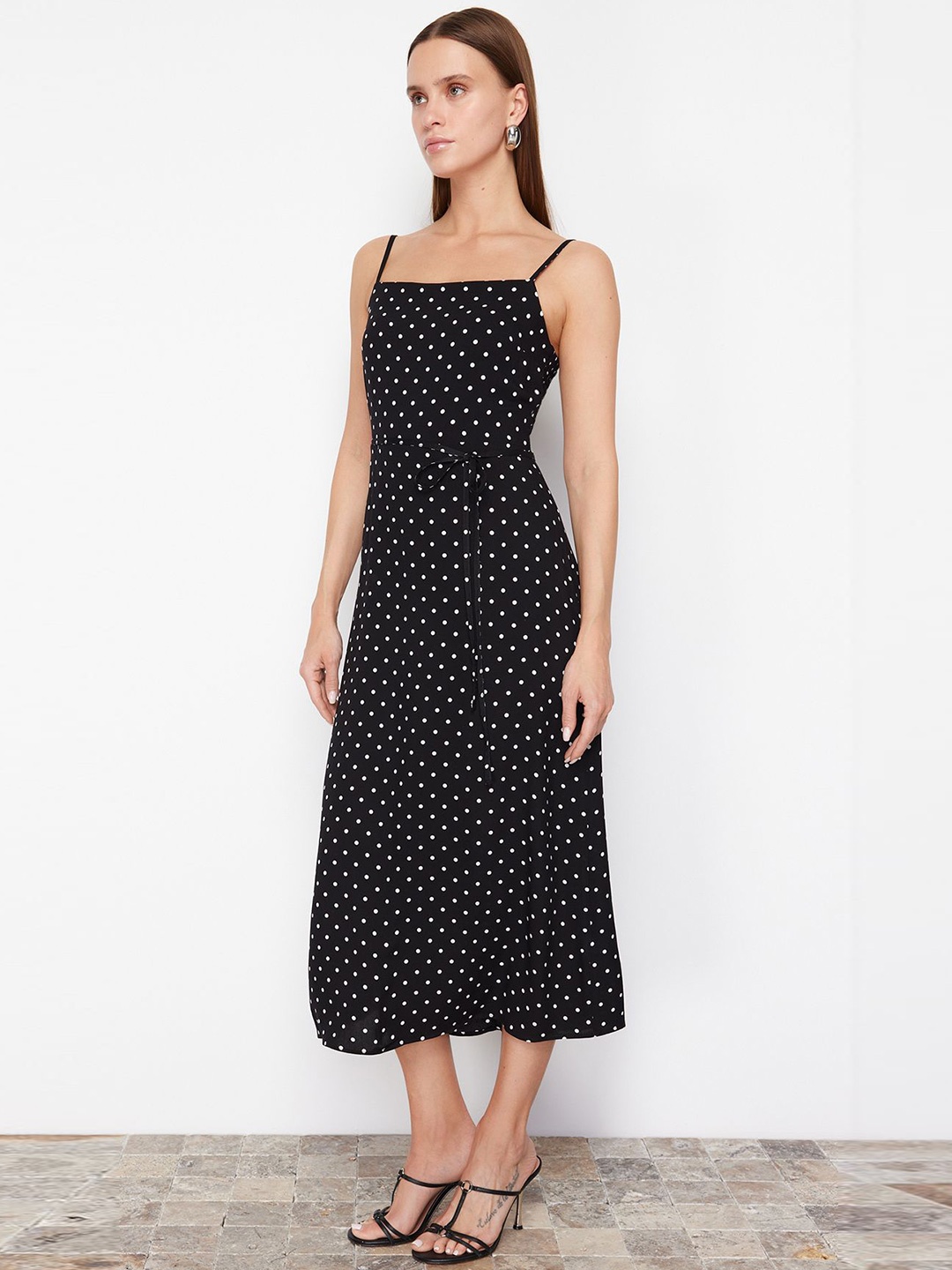 

Trendyol Polka Dot Printed Shoulder Straps A-Line Midi Dress, Black