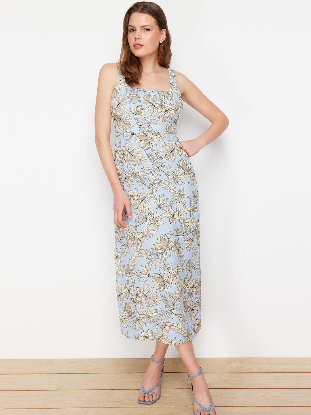 

Trendyol Shoulder Straps Sleeveless Floral Print Maxi Dress, Blue