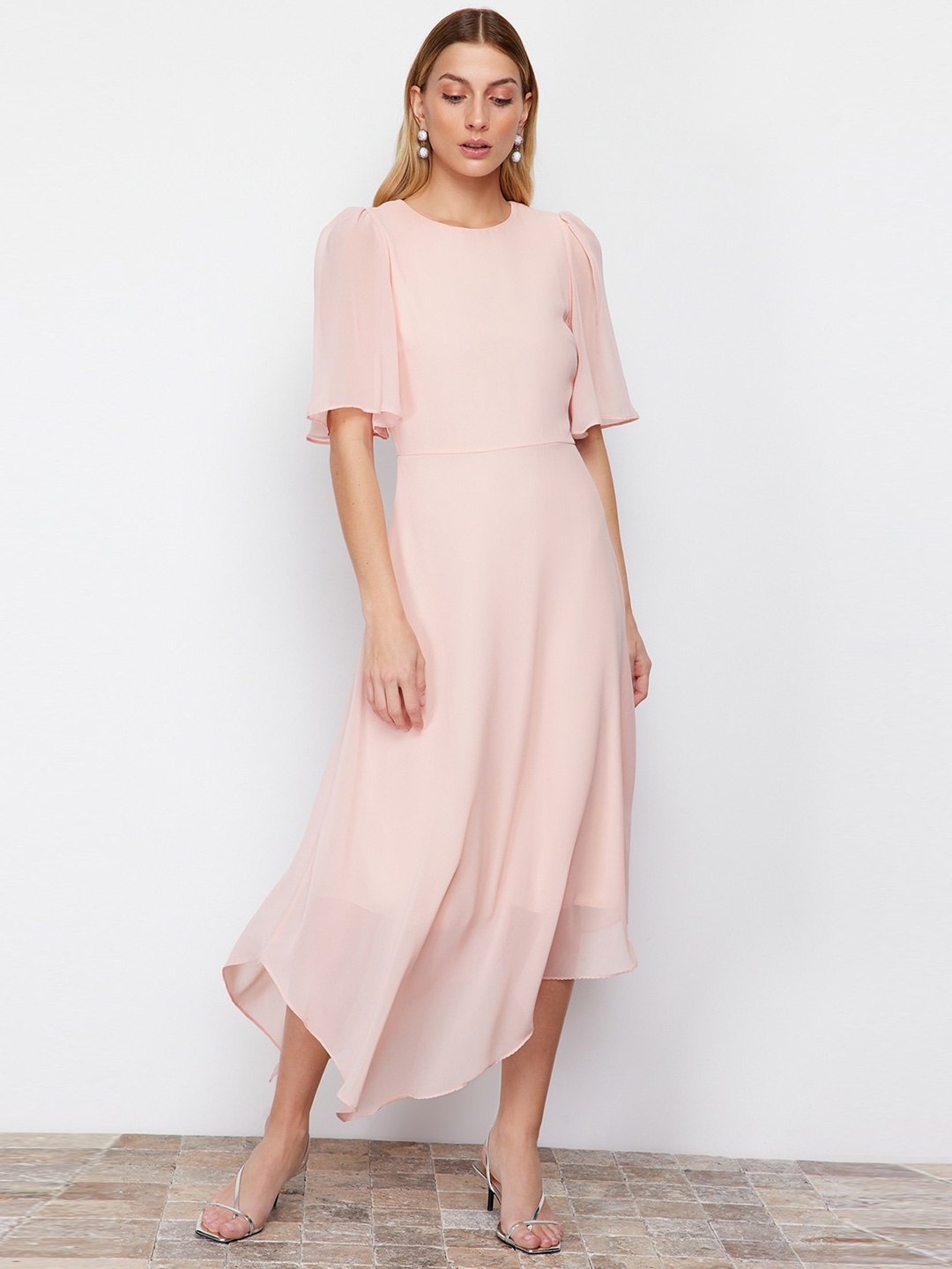 

Trendyol Round Neck Flared Sleeves A-Line Midi Dress, Pink