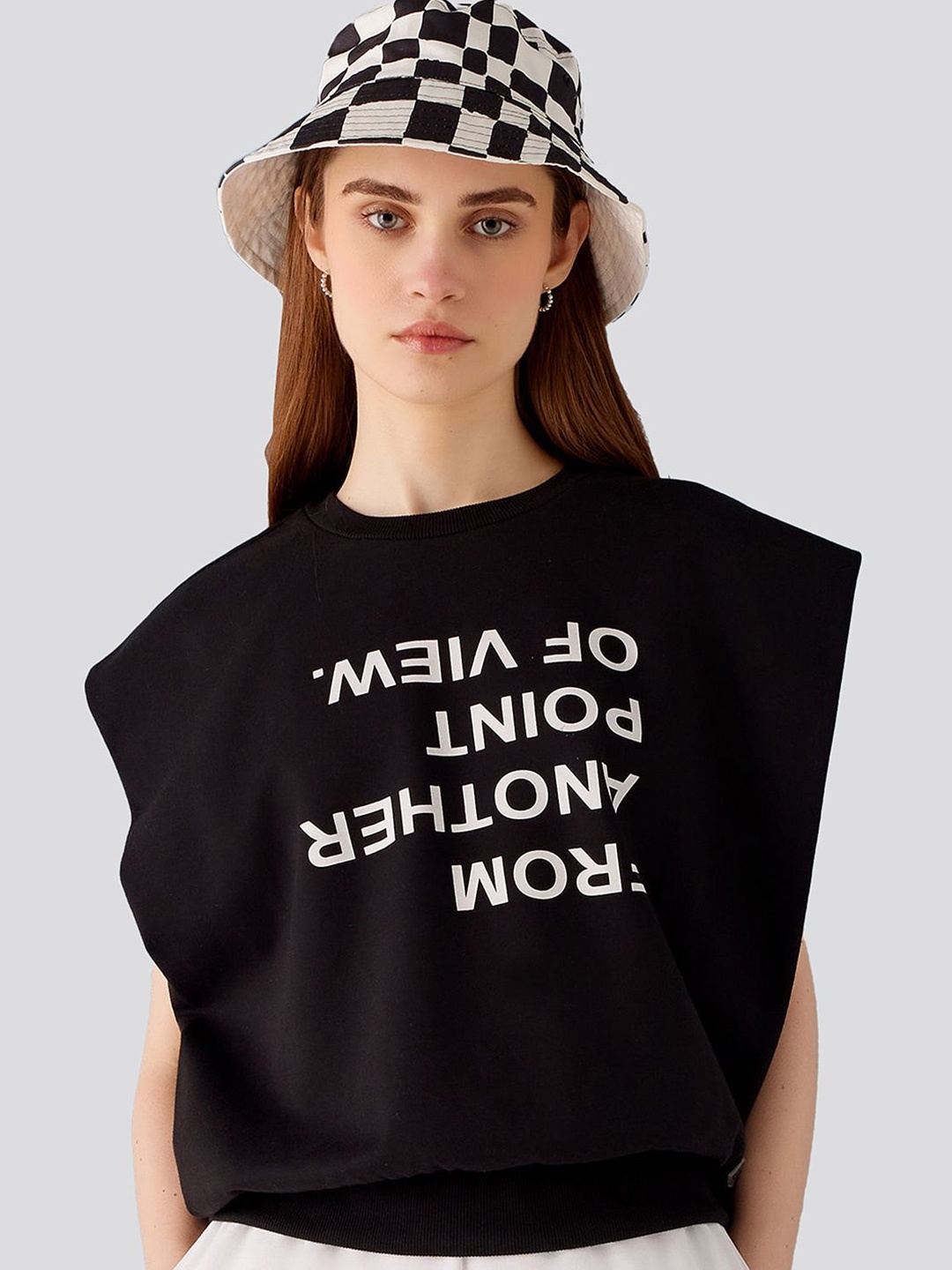 

Muvazo Typography Printed Extended Sleeves Styled Back Cotton Top, Black