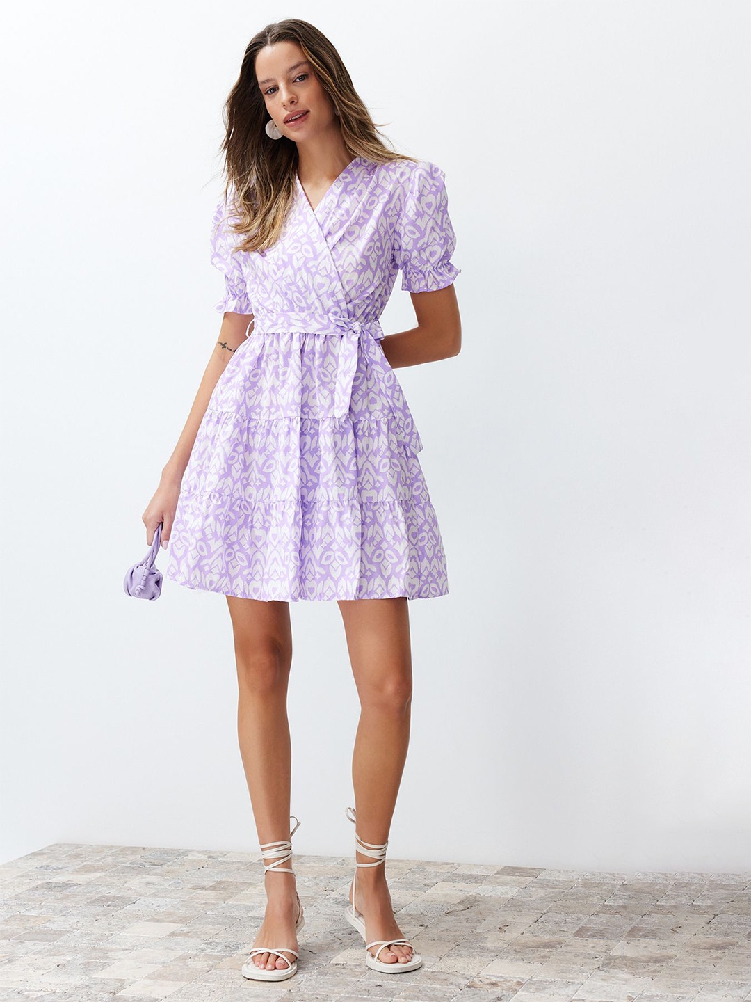 

Trendyol V Neck Floral Printed Puff Sleeve Wrap Dress, Purple