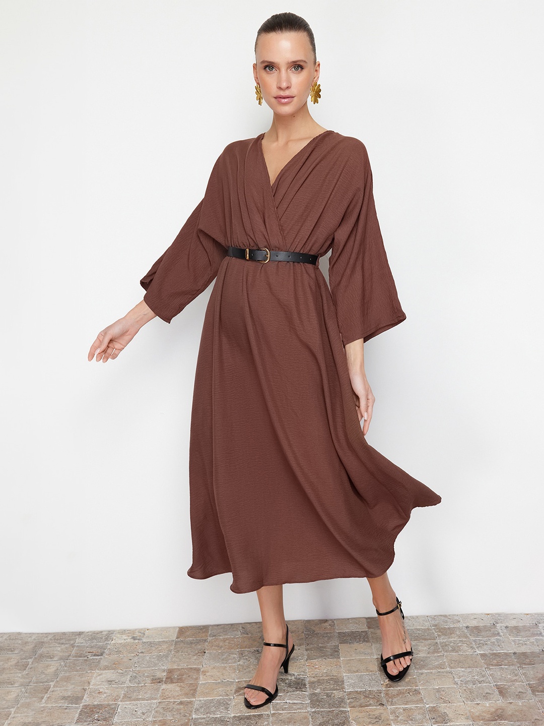 

Trendyol V Neck A-Line Midi Dress, Brown