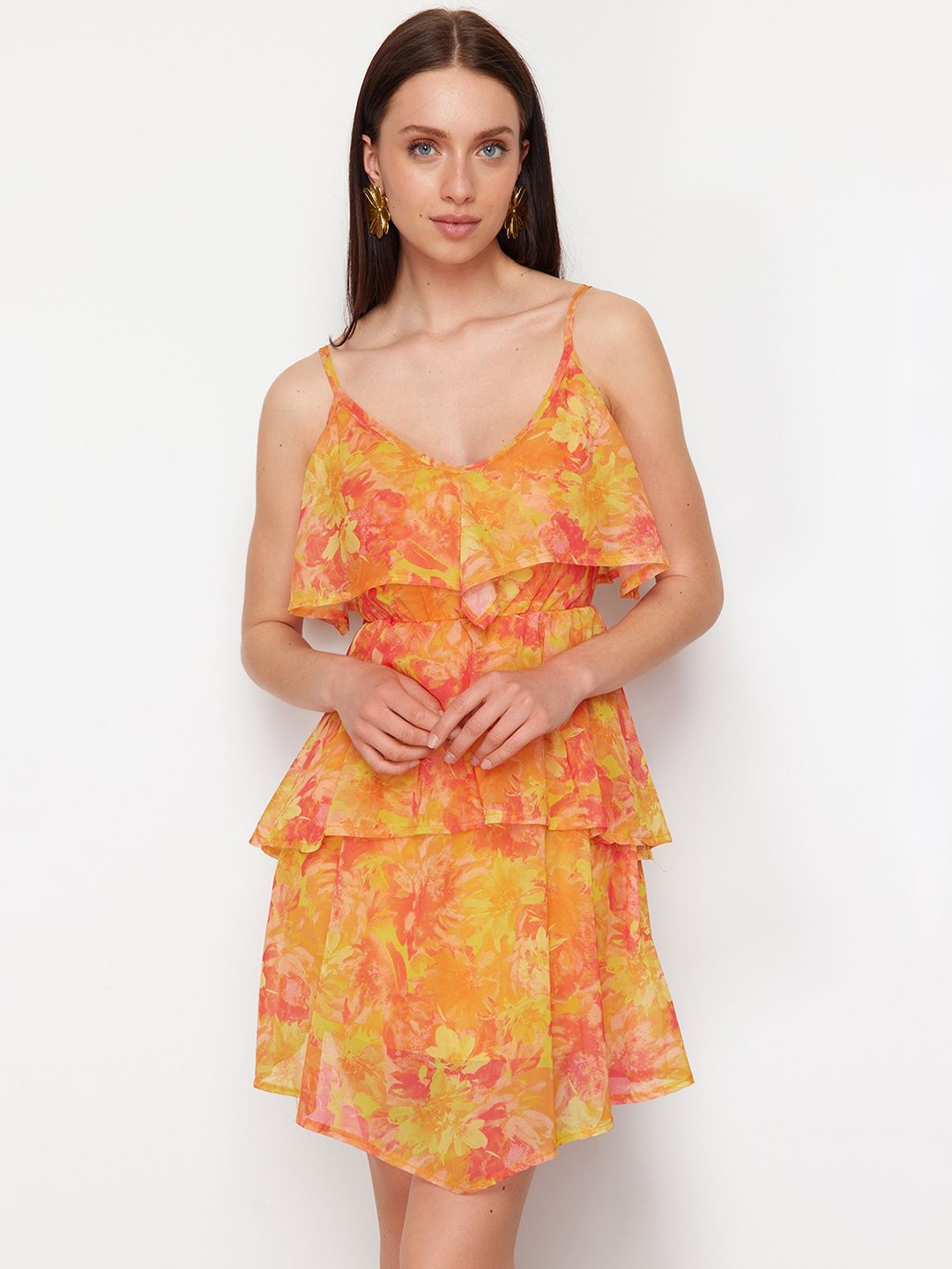 

Trendyol Floral Printed Shoulder Straps Layered Fit & Flare Dress, Orange