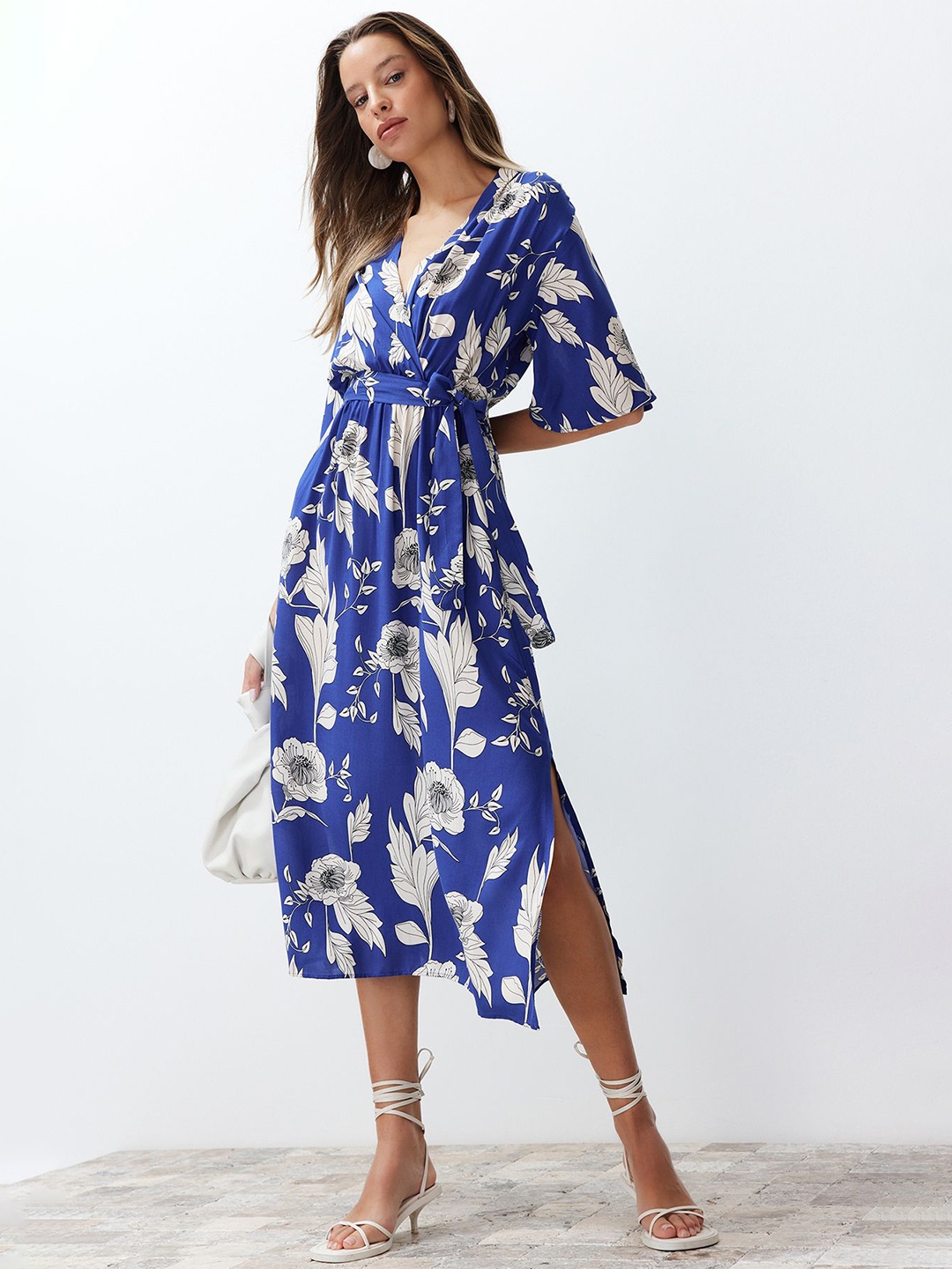 

Trendyol Floral Printed Flared Sleeves Wrap Midi Dress, Blue