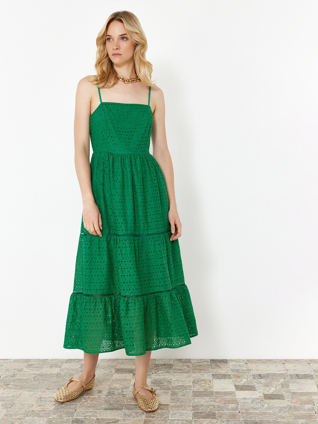 

Trendyol Shoulder Straps Cotton Schiffli A-Line Midi Dress, Green