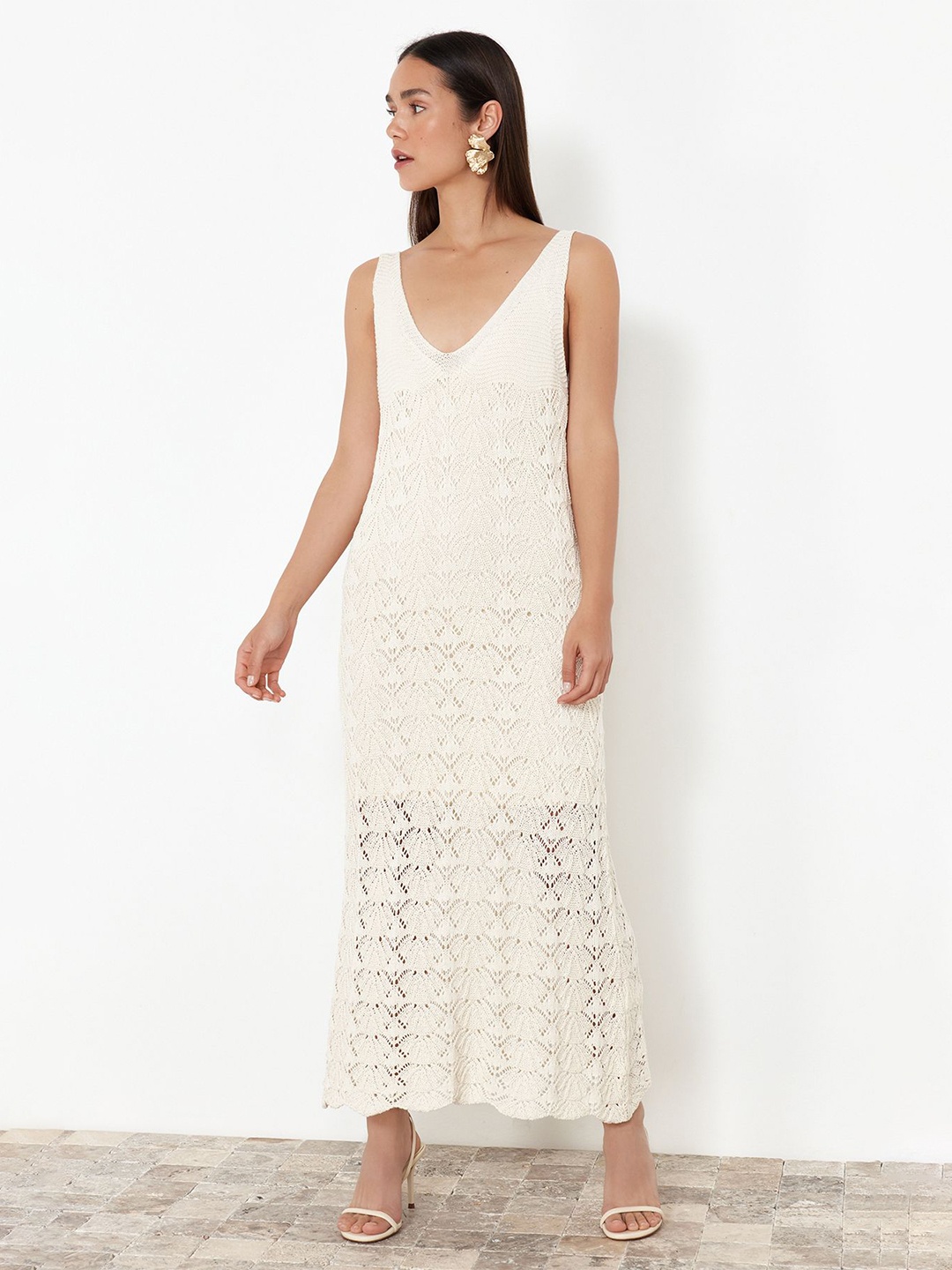 

Trendyol Self Design V-Neck Embroidered Crochet Maxi Sheath Dress, Beige