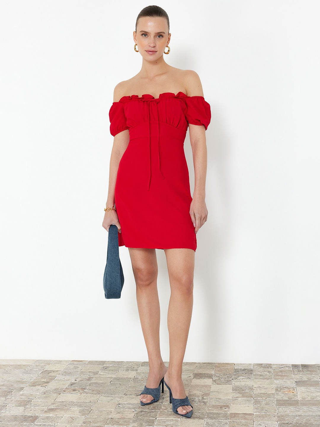 

Trendyol Off Shoulder Puff Sleeve A-Line Mini Dress, Red