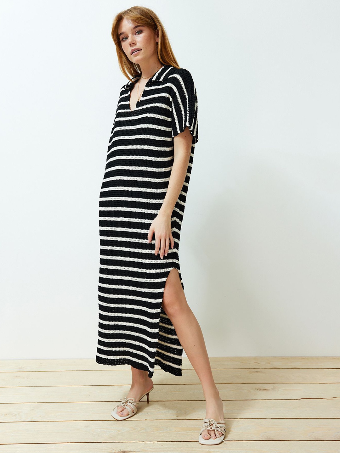 

Trendyol Shirt Collar Striped T-shirt Midi Dress, Black