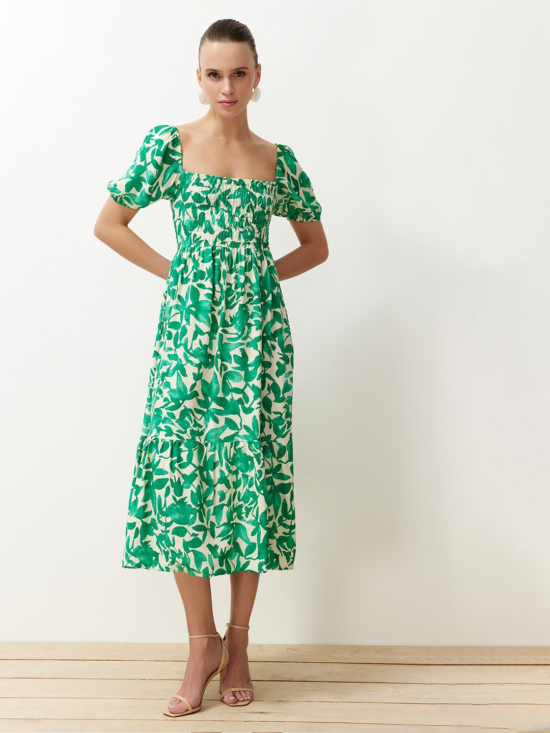 

Trendyol Floral Printed Puff Sleeves Fit & Flare Square Neck Midi Dress, Green