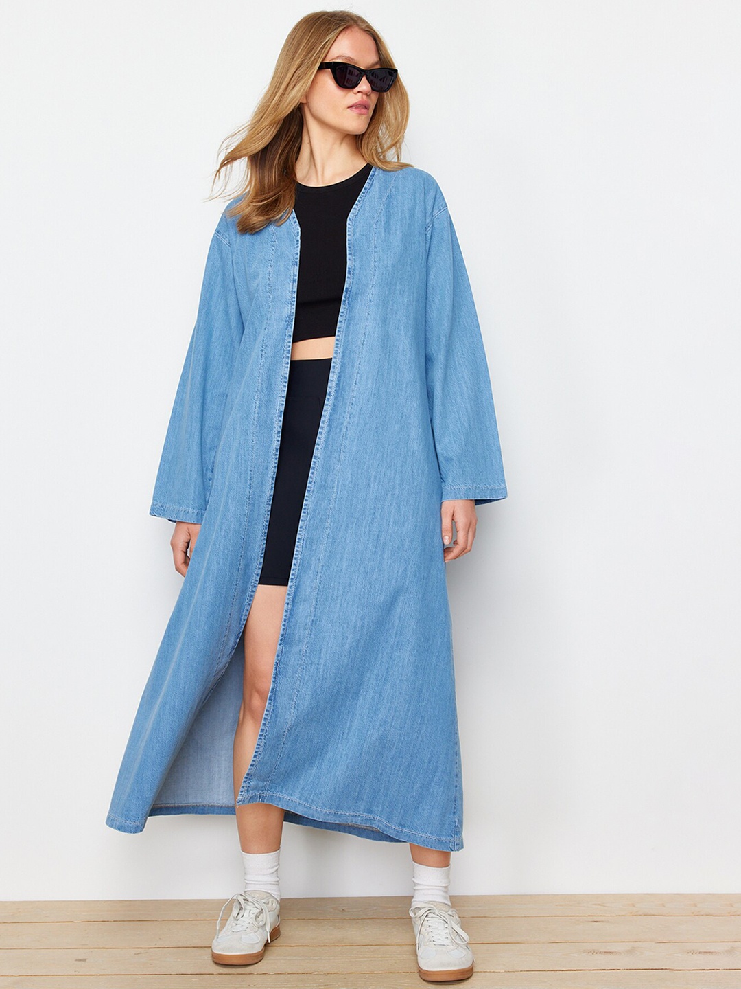 

Trendyol Longline Pure Cotton Open Front Jacket, Blue