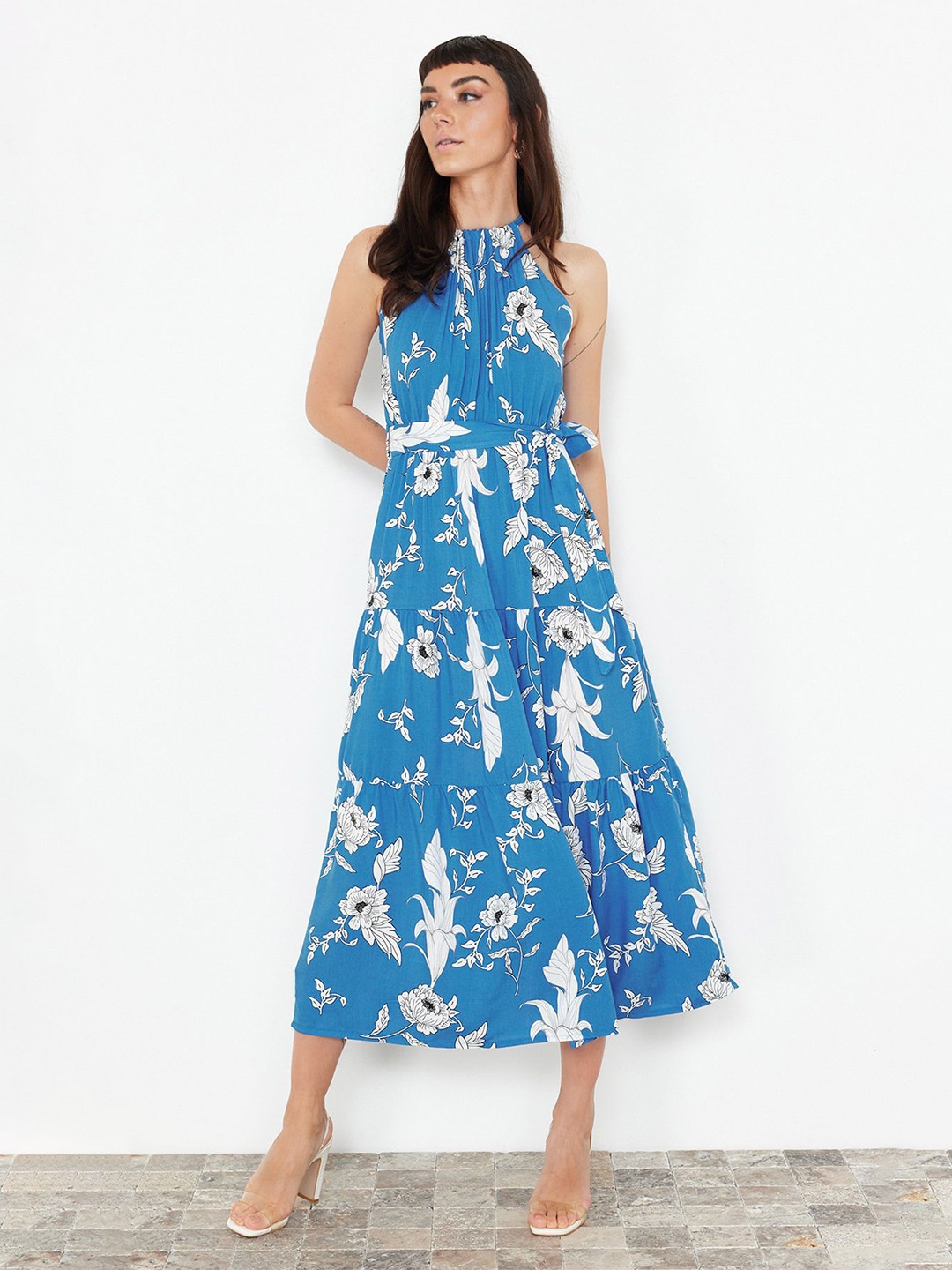

Trendyol Round Neck Floral Printed Fit & Flare Midi Dress, Blue