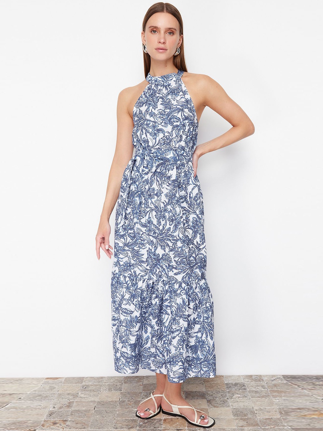 

Trendyol Floral Printed Halter Neck Gathered Maxi Fit & Flare Dress, Blue