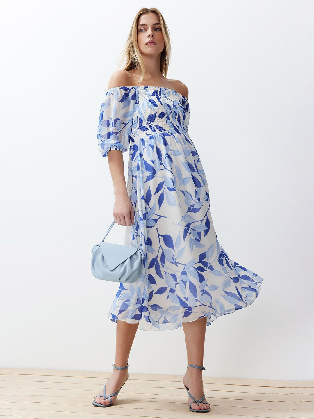 

Trendyol Floral Printed Off-Shoulder Fit & Flare Midi Dress, Na