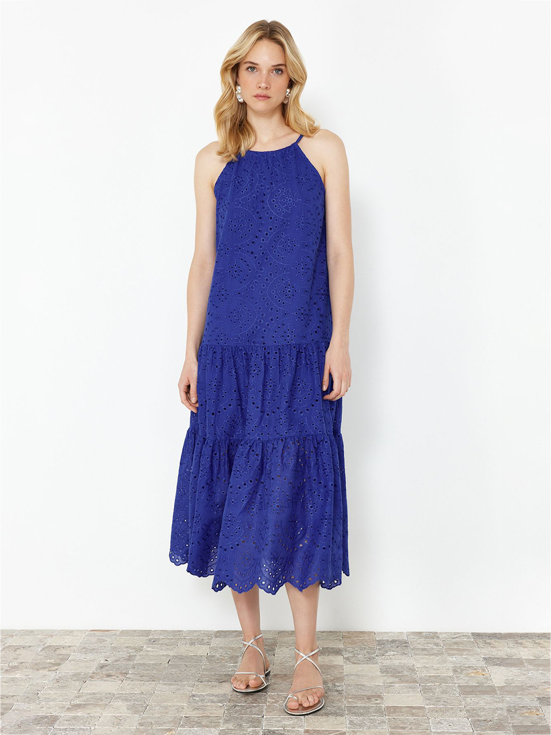 

Trendyol Self Design Shoulder Straps Pure Cotton Schiffli Tiered A-Line Midi Dress, Blue