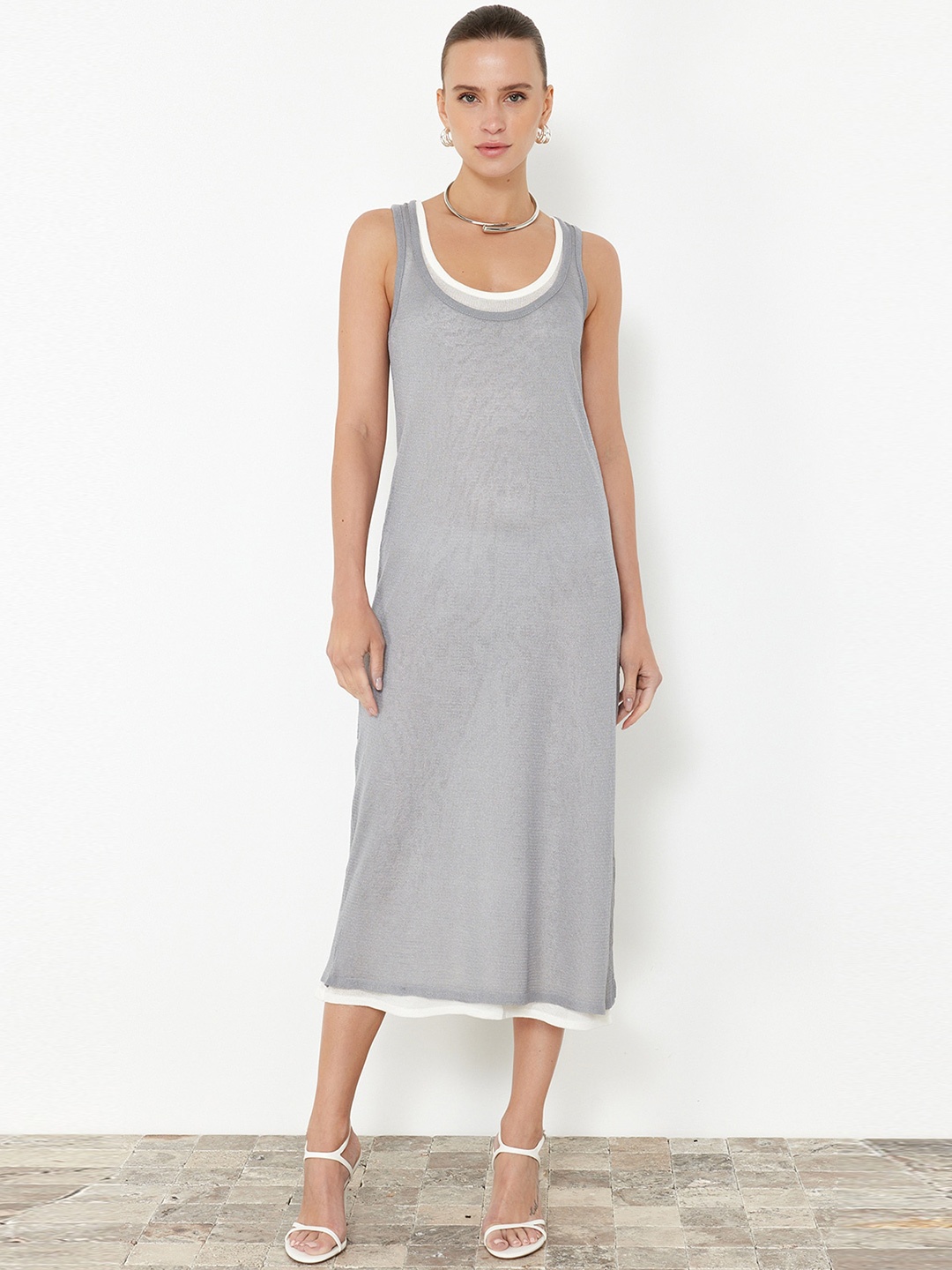 

Trendyol Round Neck A-Line Midi Dress, Grey