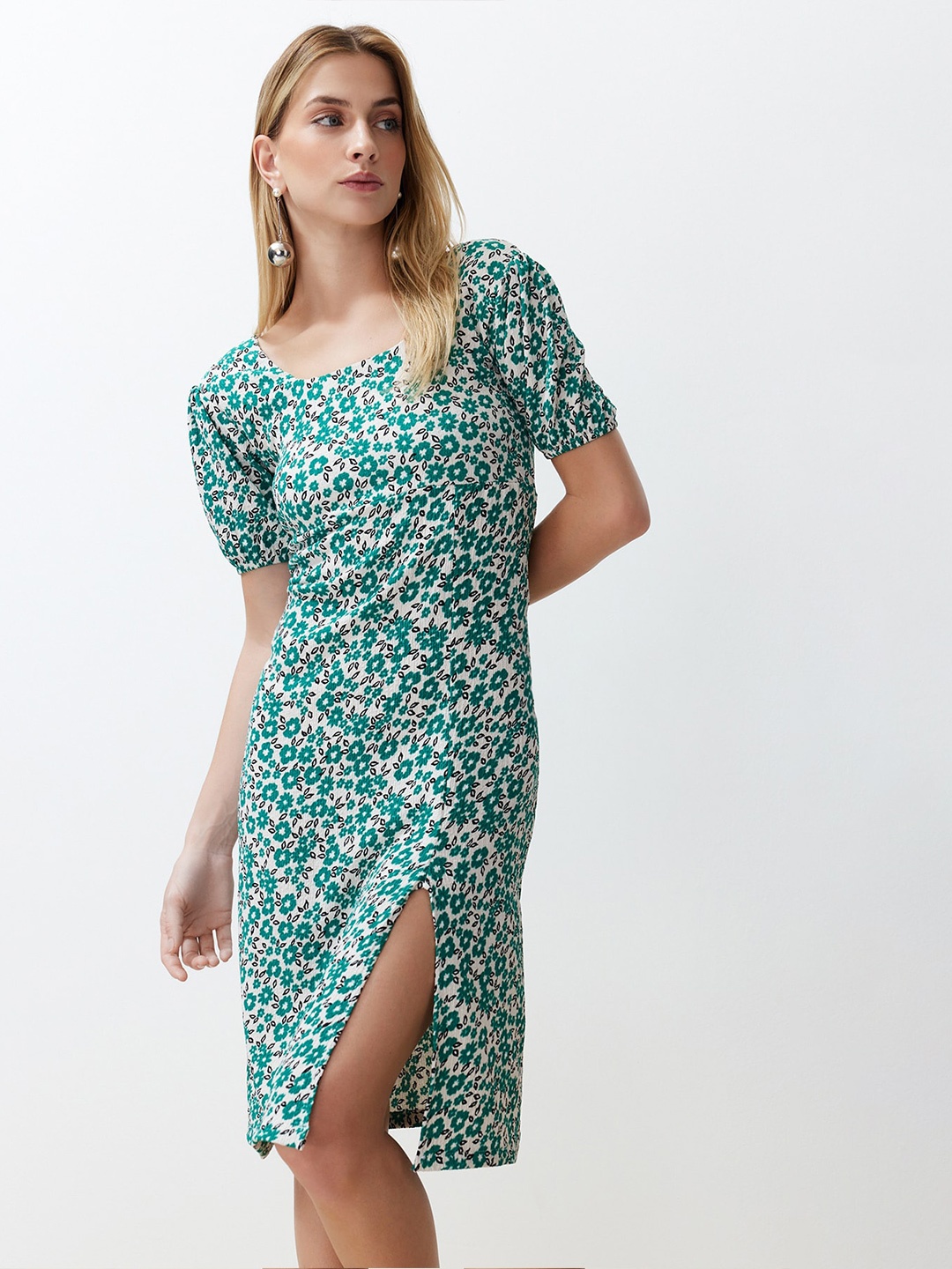 

Trendyol Floral Print Square Neck Puff Sleeves A-Line Dress with front slit, Green