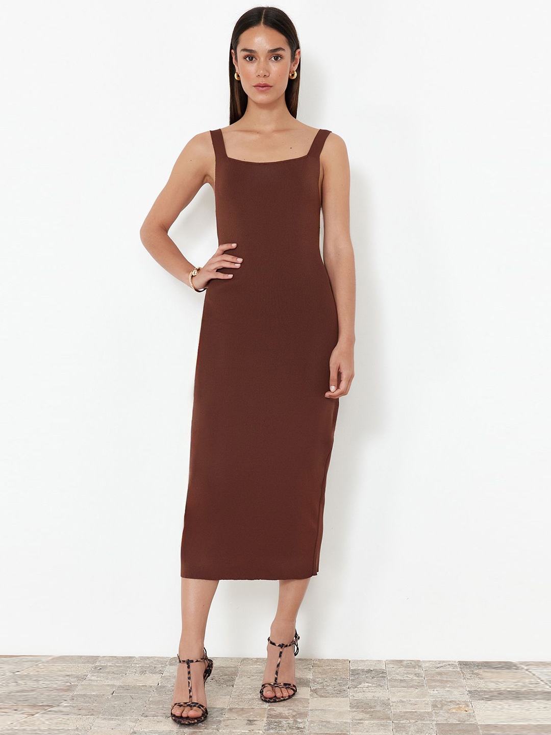 

Trendyol Square Neck Sleeveless Sheath Midi Dress, Brown