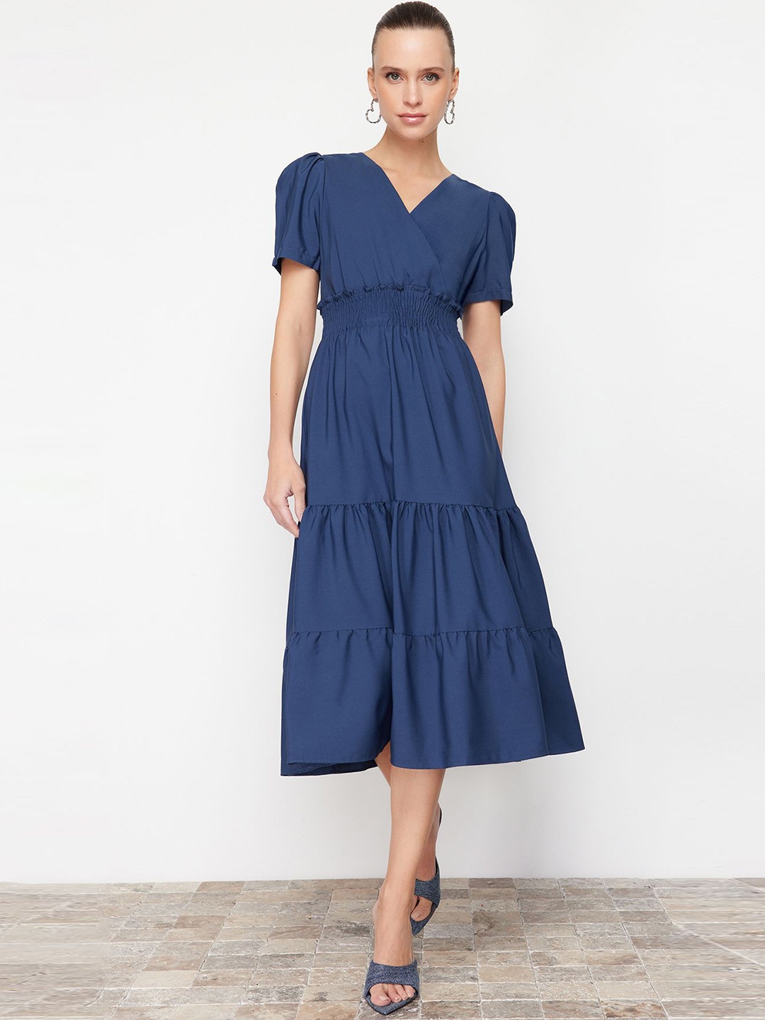 

Trendyol V-Neck Puff Sleeves Midi Fit and Flare Dress, Blue