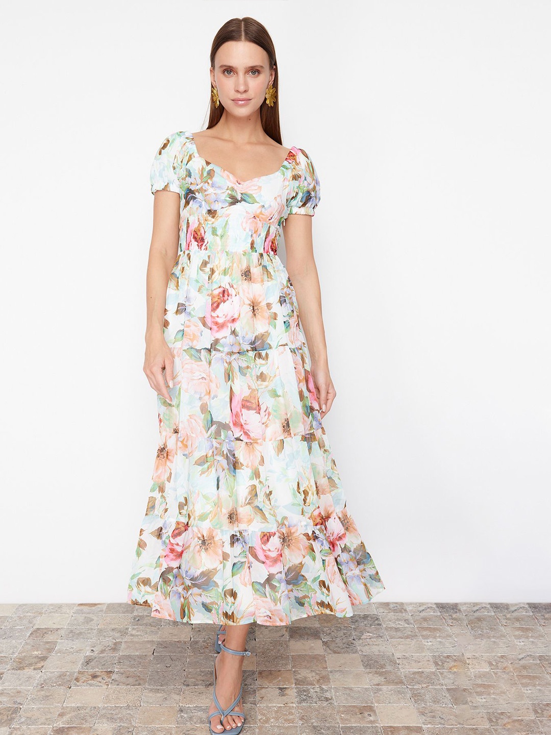 

Trendyol Floral Printed Fit & Flare Midi Dress, White