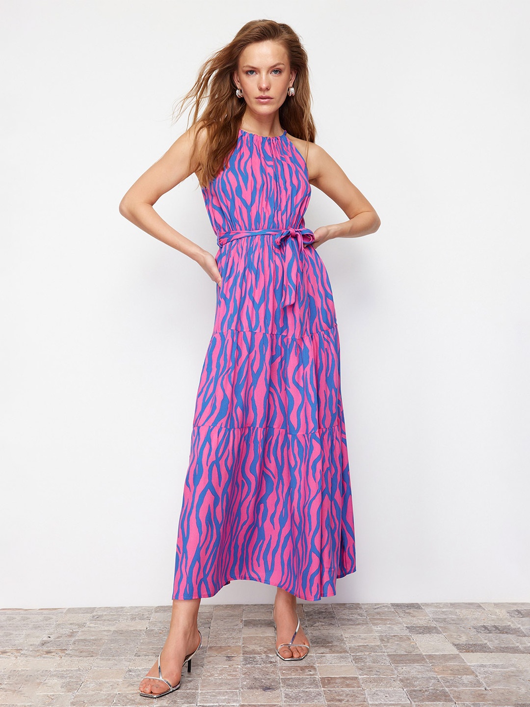 

Trendyol Printed Sleeveless Belted Maxi Dress, Purple