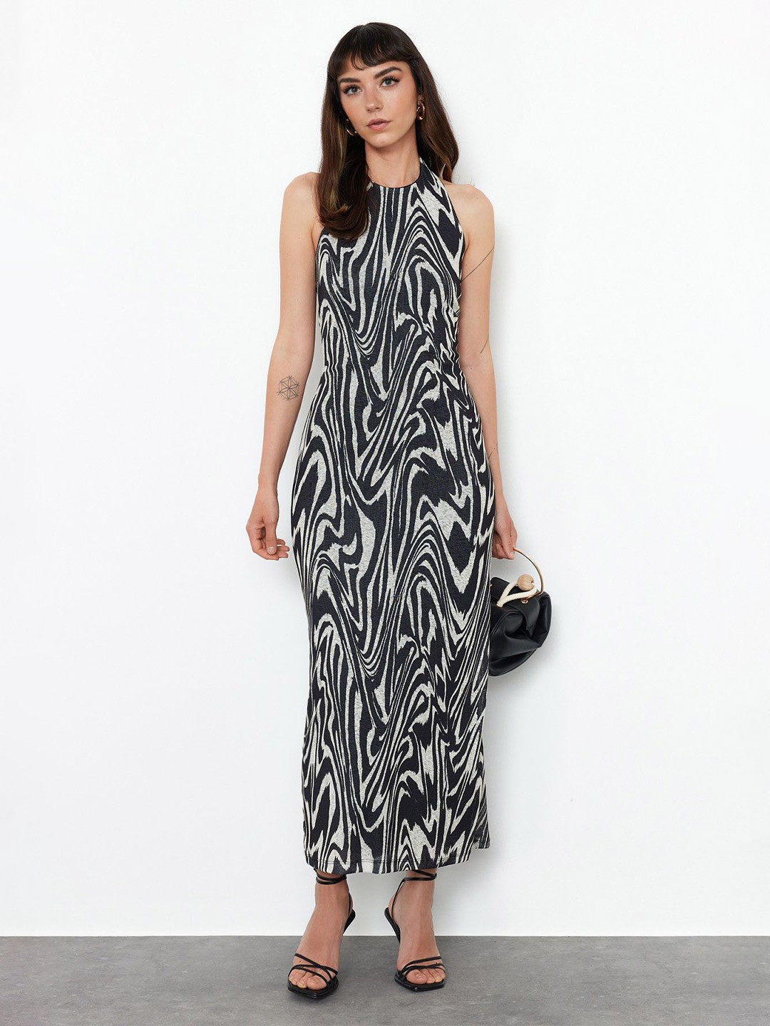 

Trendyol Animal Printed Halter Neck Sleeveless A-Line Maxi Dress, Black