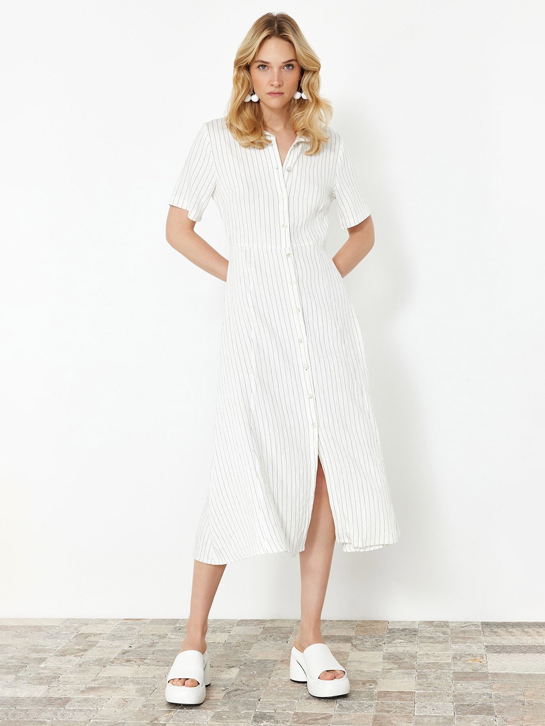 

Trendyol Striped Shirt Collar Shirt Midi Dress, White