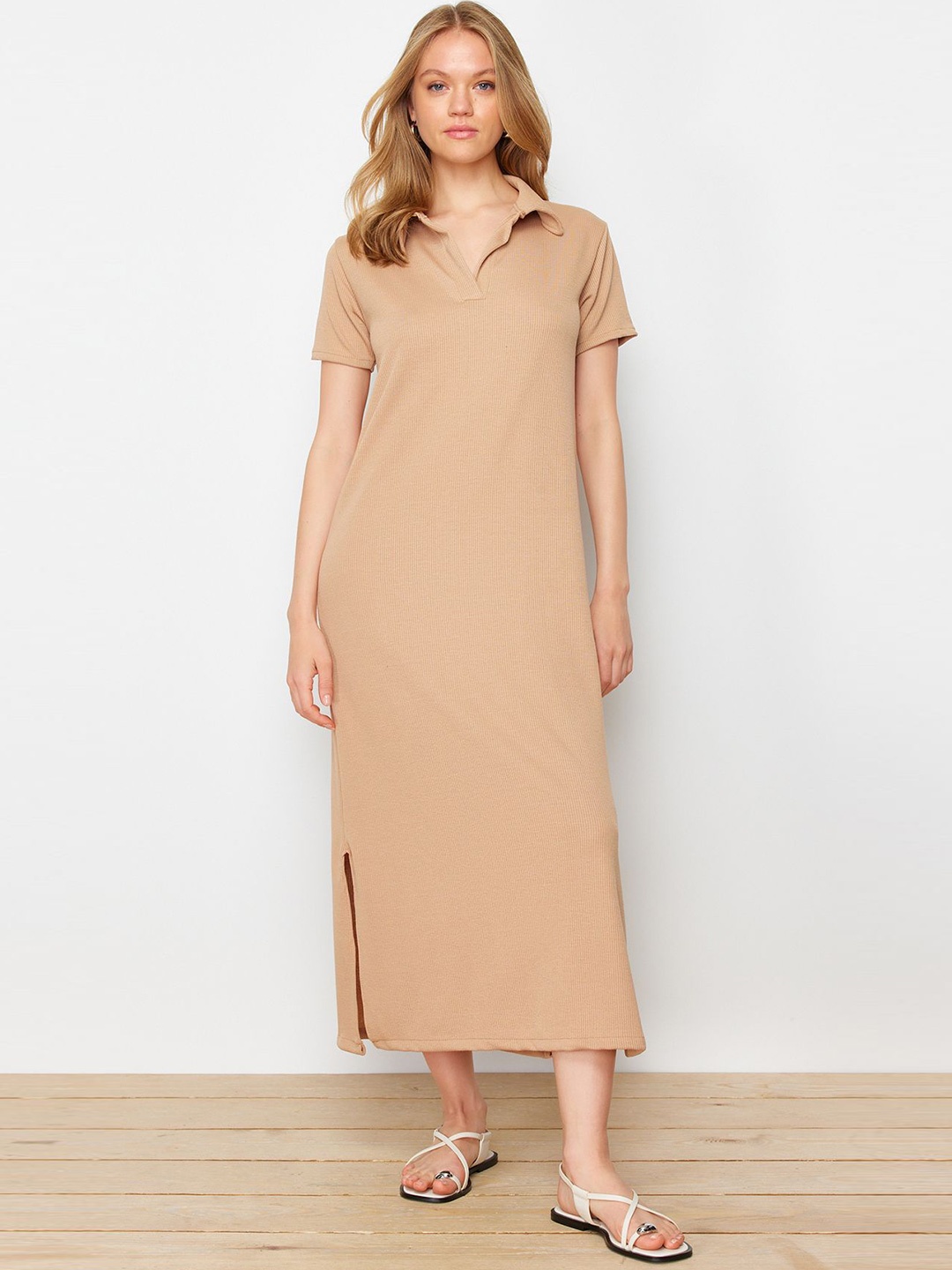 

Trendyol Shirt Collar T-shirt Midi Dress, Beige